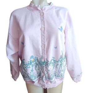 Vintage Large Cardigan Sweatshirt Cottage Granny Pink Button-Up Bluebird Babies